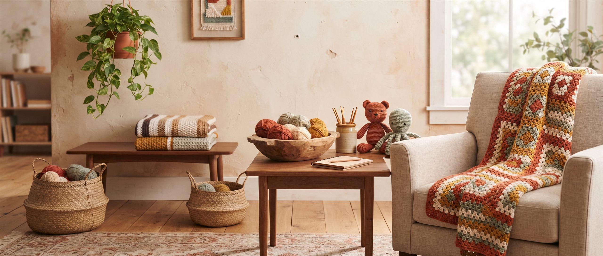 Linen armchair with a granny-square blanket, a bowl of yarn and two crochet toys