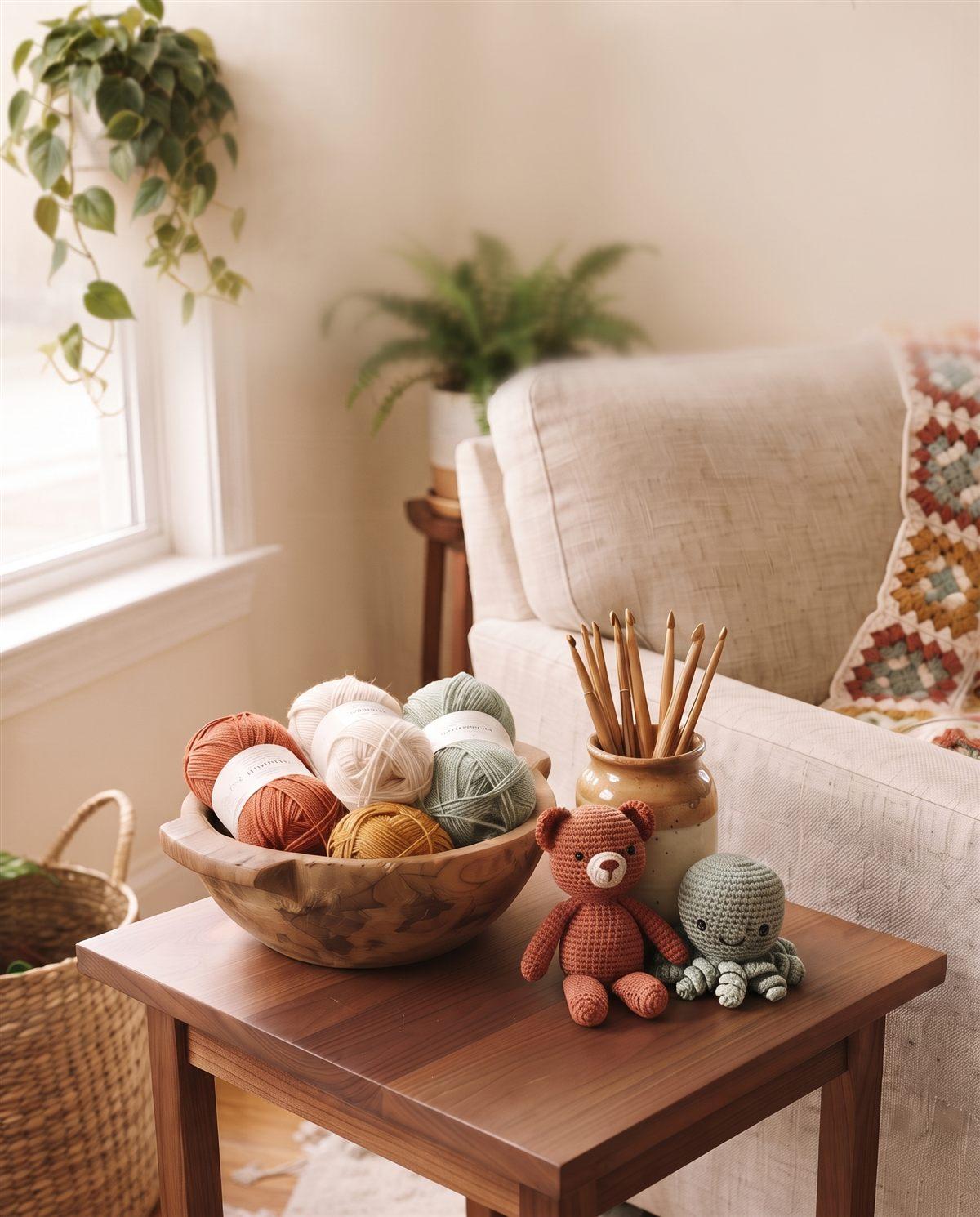 Linen armchair with a granny-square blanket, a bowl of yarn and two crochet toys