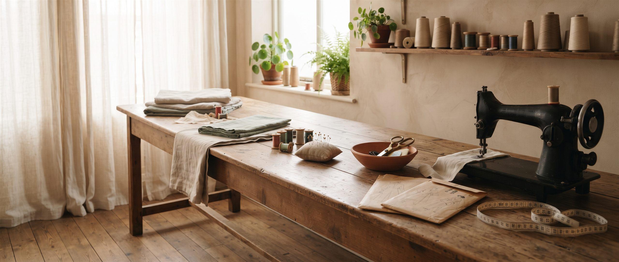 Sunlit sewing studio with folded linen, pattern envelopes and a vintage sewing machine