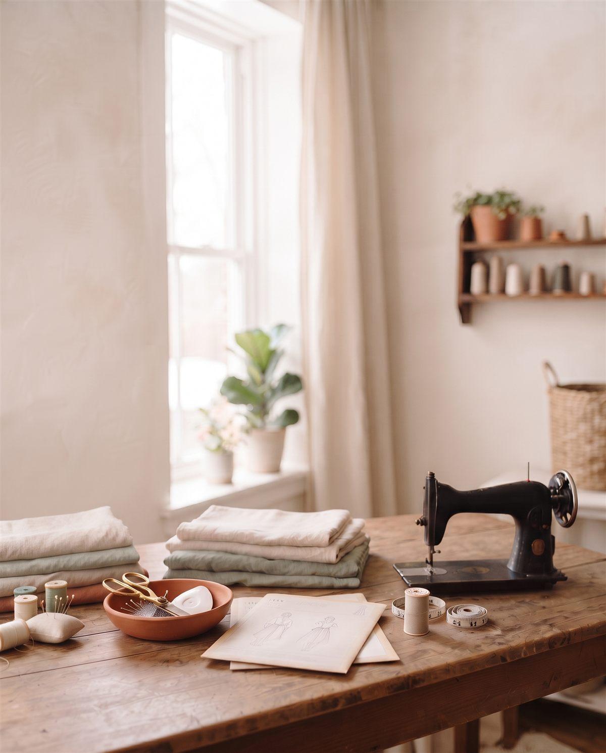 Sunlit sewing studio with folded linen, pattern envelopes and a vintage sewing machine